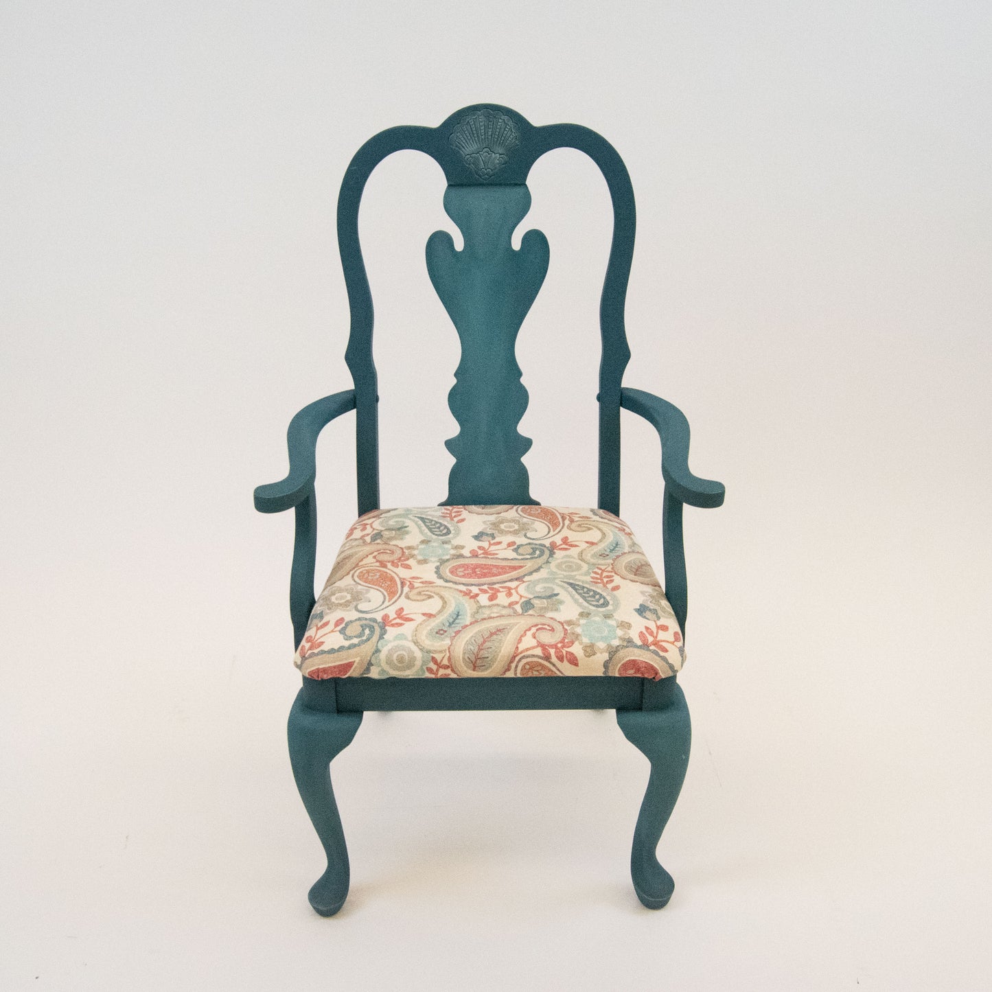 Refurbished Vintage Antebellum Accent Chair – Teal Blue with Paisley Upholstered Seat