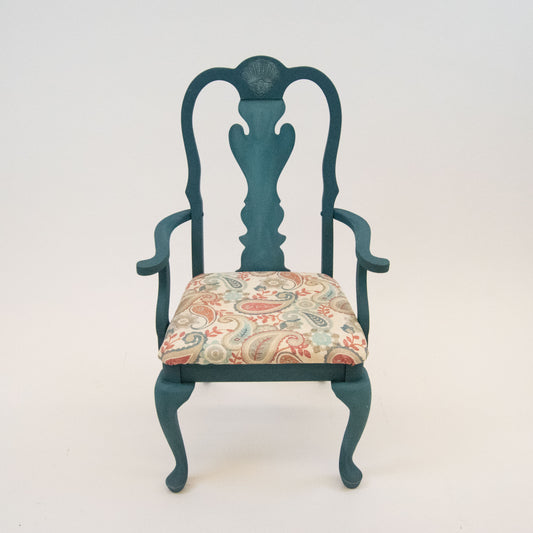 Refurbished Vintage Antebellum Accent Chair – Teal Blue with Paisley Upholstered Seat