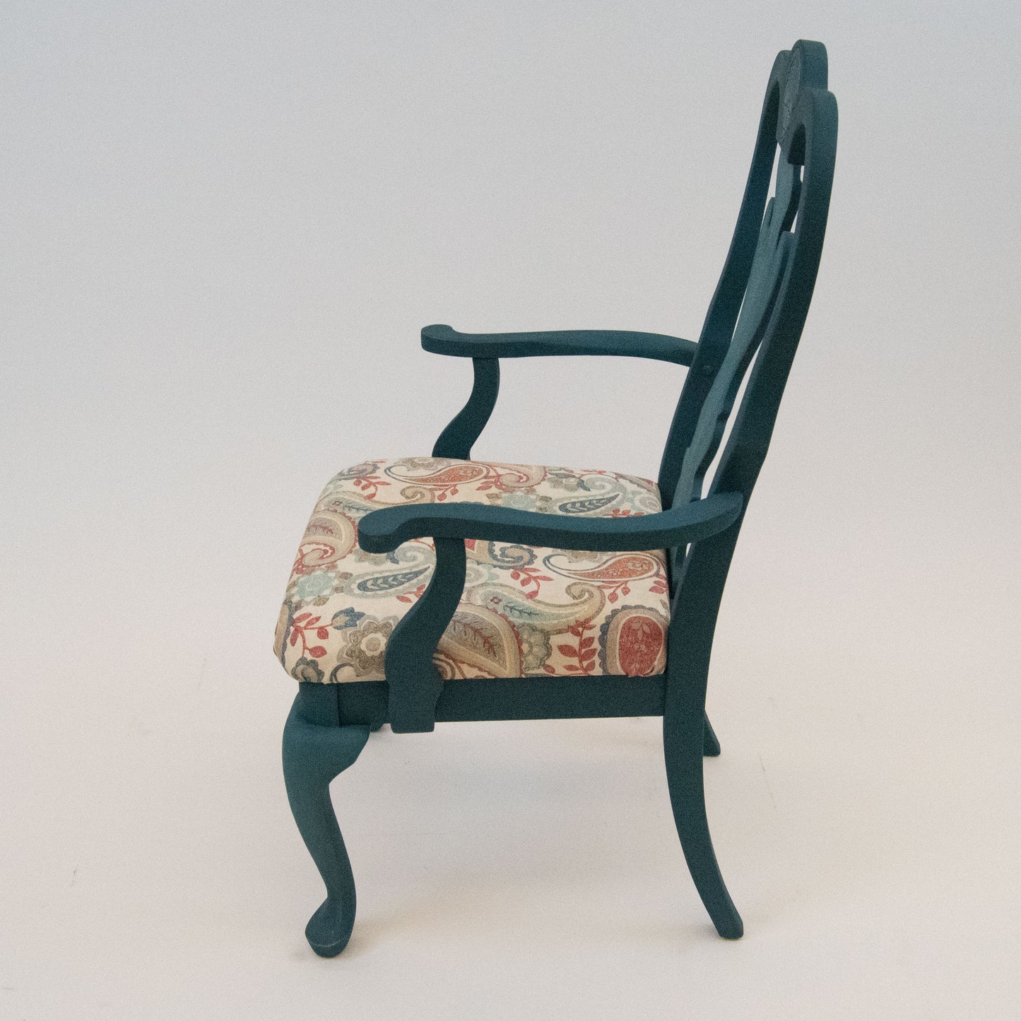 Refurbished Vintage Antebellum Accent Chair – Teal Blue with Paisley Upholstered Seat