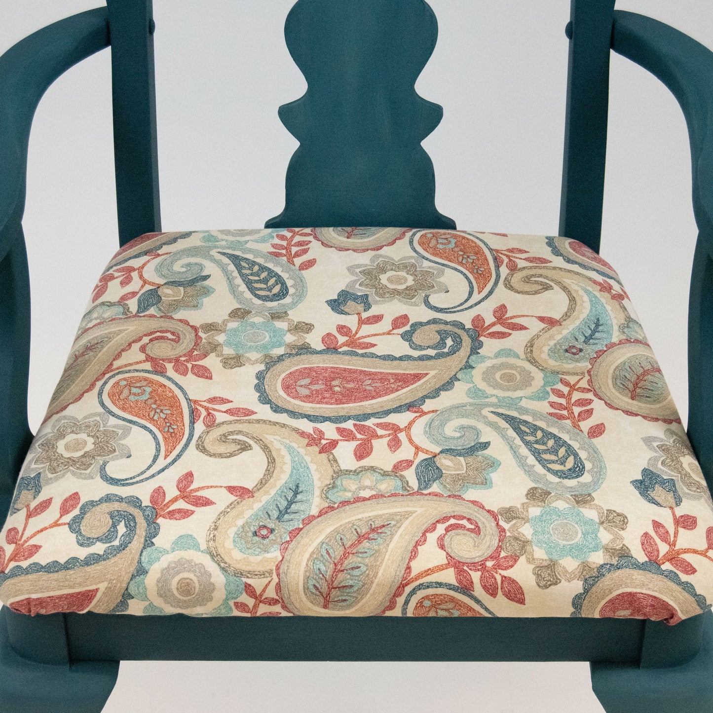 Refurbished Vintage Antebellum Accent Chair – Teal Blue with Paisley Upholstered Seat