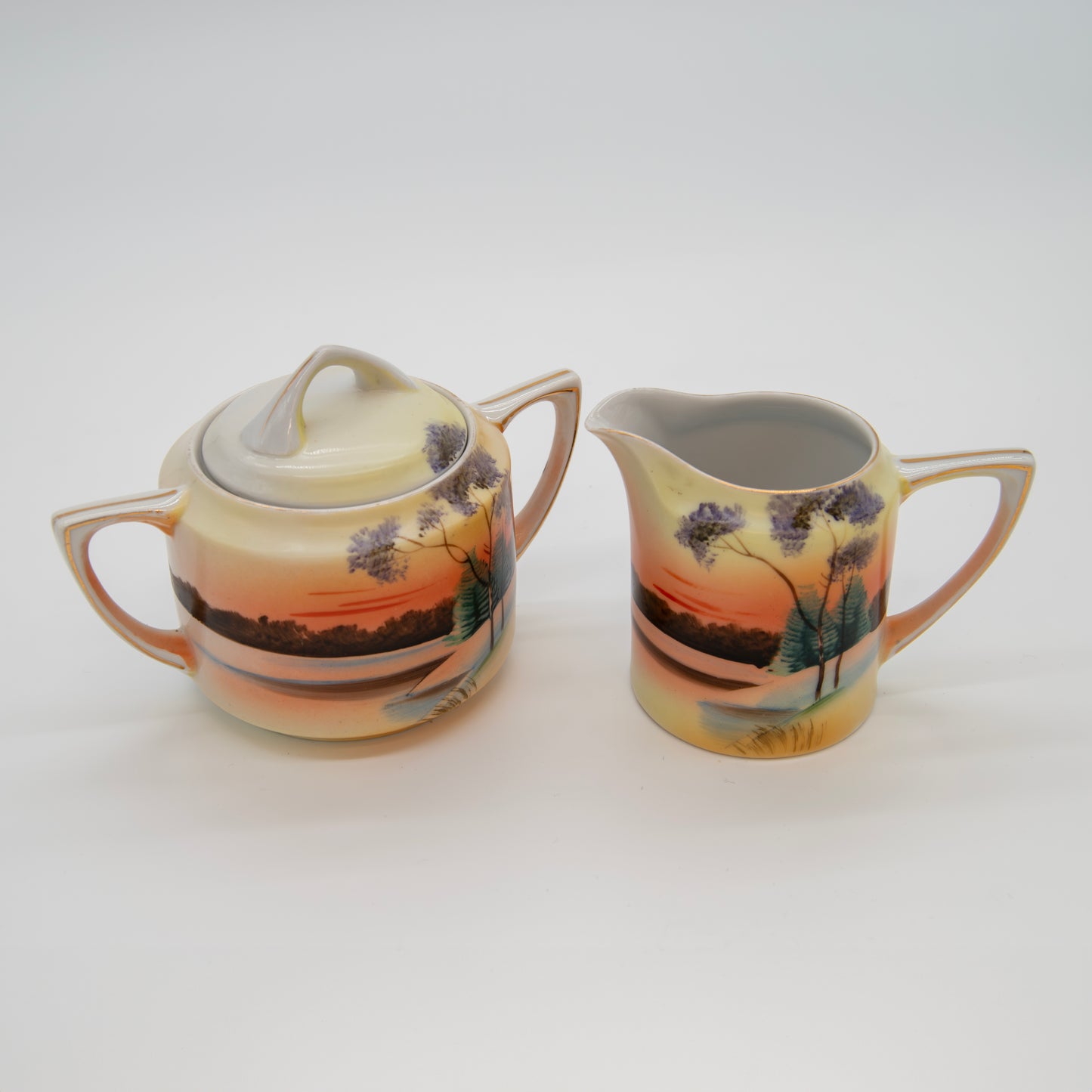 Meito China Japan Sunset Tree Scene Cream & Sugar Set