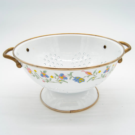 Vintage-Inspired White Enamel Colander with Floral Design