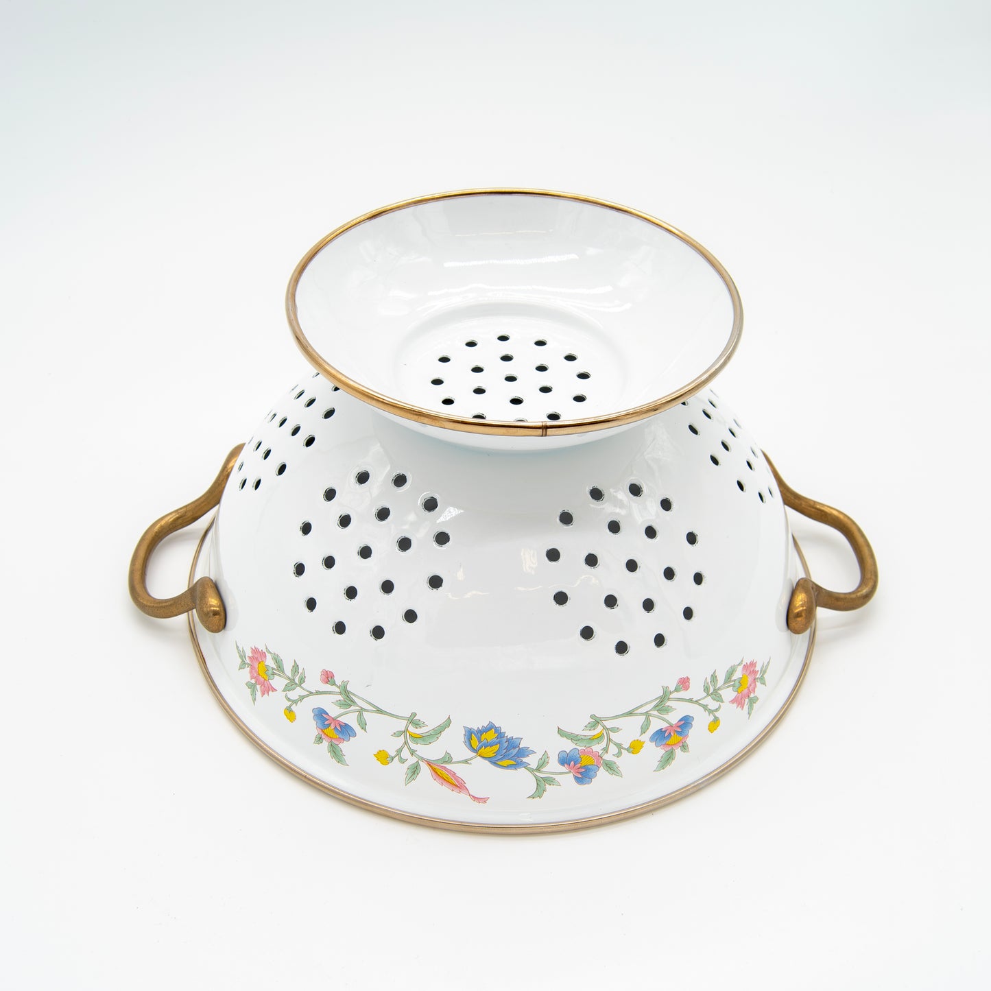 Vintage-Inspired White Enamel Colander with Floral Design